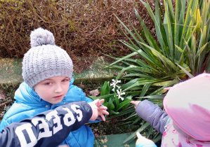 dzieci poszukują oznak wiosny w ogrodzie przedszkolnym