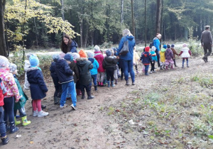 dzieci parami spacerują po lesie za panem leśniczym