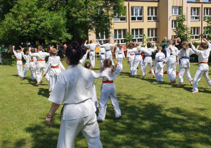 zawodnicy ćwicza w sportowych strojach, pokaz zawodników karate