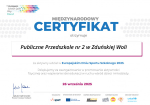 Międzynarodowy Certyfikat za aktywny udział w dniu sportu szkolnego dla Publicznego Przedszkola nr 2 w Zduńskiej Woli