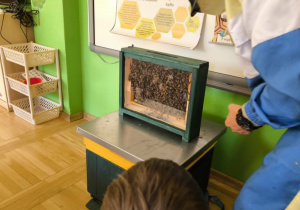 Na zdjęciu dzieci siedzą w kręgu i słuchają opowieści pszczelarza o życiu pszczół i pracy w pasiece. Prowadzący prezentuje pomoce dydaktyczne związane z pszczelarstwem, a dzieci aktywnie uczestniczą w rozmowie i zadają pytania.