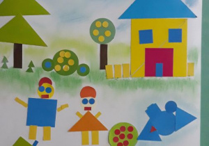 praca przedstawia domek, drzewa, krzewy dzieci oraz słońce i niebo wszystko wykonane z kolorowych figur geometrycznych