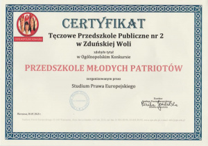 Certyfikat Przedszkola Młodych Patriotów