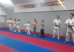dzieci w sli ćwiczeń, obserwują pokaz karateków