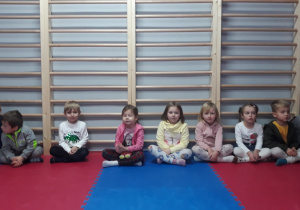 dzieci siedzą na niebiesko różowych matach, obserwują pokaz karate