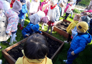 dzieci stoją przy skrzynkach do sadzenia roślin