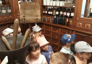 przedszkolaki podziwiają eksponaty znajdujące się w muzeum