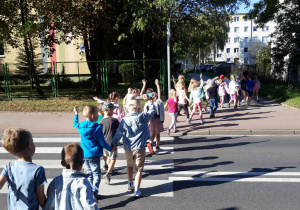 dzieci po wycieczce wracają do przedszkola, przechodzą po pasach na drugą stronę ulicy