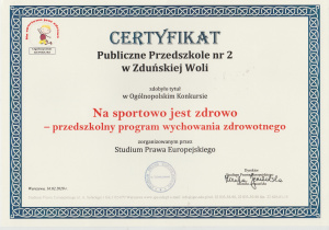 Certyfikat dla przedszkola za udział w Ogólnopolskim Konkursie