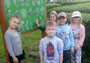 dzieci przy tablicy przedstawiającej rośliny łąkowe